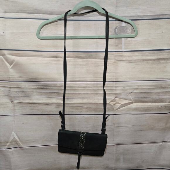 Lucky Brand Black Leather Studded Flap Sher Crossbody Bag Boho Small Purse - Picture 2 of 16